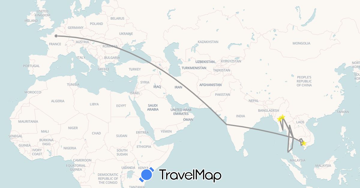 TravelMap itinerary: driving, plane in France, India, Cambodia, Myanmar (Burma), Thailand (Asia, Europe)